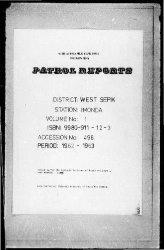 Patrol Reports. West Sepik District, Imonda, 1962 - 1963