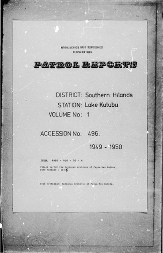 Patrol Reports. Southern Highlands District, Lake Kutubu, 1949 - 1950