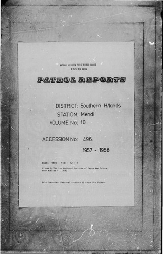 Patrol Reports. Southern Highlands District, Mendi, 1957 - 1958