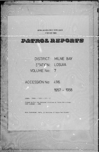 Patrol Reports. Milne Bay District, Losuia, 1957 - 1958