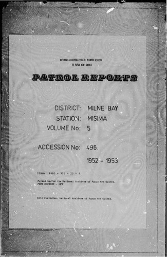 Patrol Reports. Milne Bay District, Misima, 1952 - 1953