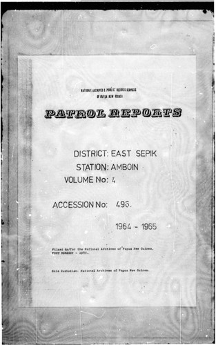 Patrol Reports. East Sepik District, Amboin, 1964 - 1965