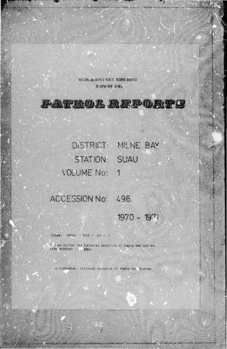 Patrol Reports. Milne Bay District, Suau, 1970 - 1971