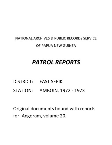 Patrol Reports. East Sepik District, Amboin, 1972 - 1973