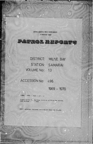 Patrol Reports. Milne Bay District, Samarai, 1969 - 1970