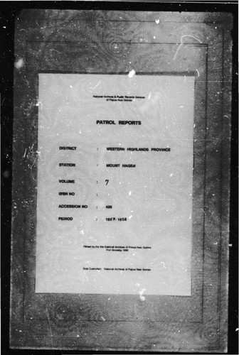 Patrol Reports. Western Highlands District, Mount Hagen, 1957 - 1958