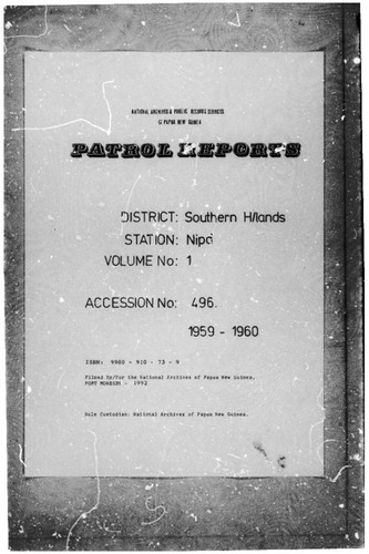 Patrol Reports. Southern Highlands District, Nipa, 1959 - 1960