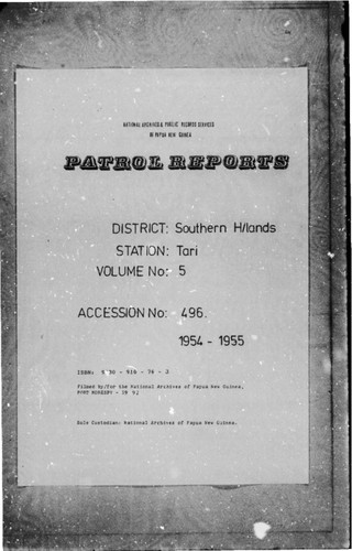 Patrol Reports. Southern Highlands District, Tari, 1954 - 1955