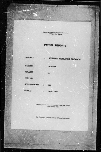 Patrol Reports. Western Highlands District, Porgera, 1968 - 1969