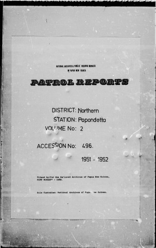 Patrol Reports. Northern District, Popondetta, 1951 - 1952