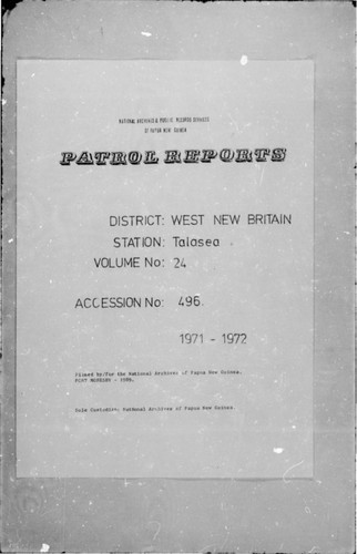Patrol Reports. West New Britain District, Talasea, 1971 - 1972