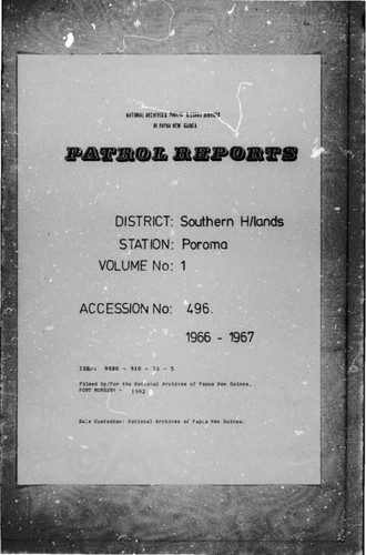 Patrol Reports. Southern Highlands District, Poroma, 1966 - 1967