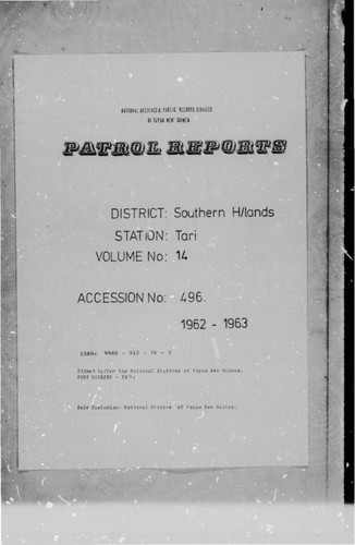 Patrol Reports. Southern Highlands District, Tari, 1962 - 1963