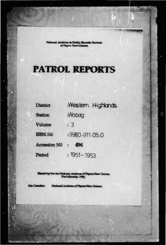 Patrol Reports. Western Highlands District, Wabag, 1951 - 1953