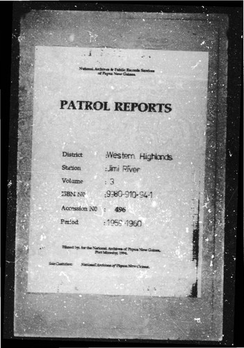 Patrol Reports. Western Highlands District, Jimi River, 1959 - 1960