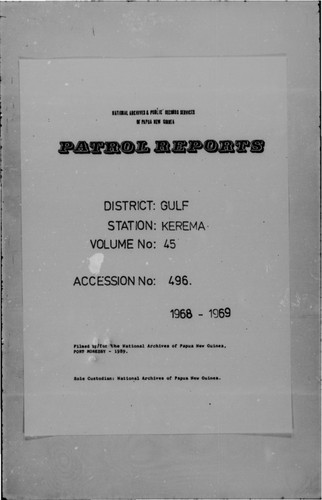 Patrol Reports. Gulf District, Kerema, 1968-1969