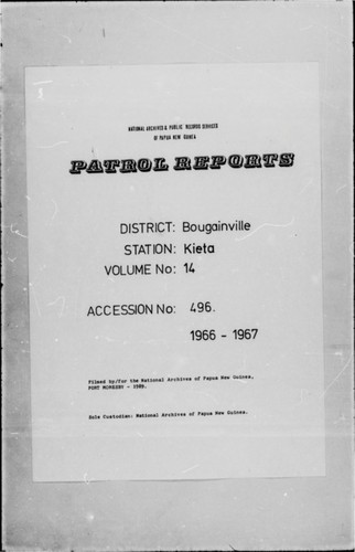 Patrol Reports. Bougainville District, Kieta, 1966 - 1967