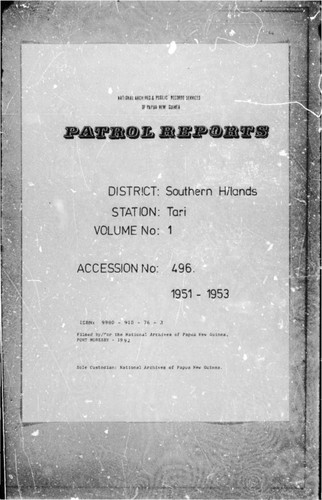 Patrol Reports. Southern Highlands District, Tari, 1951 - 1953