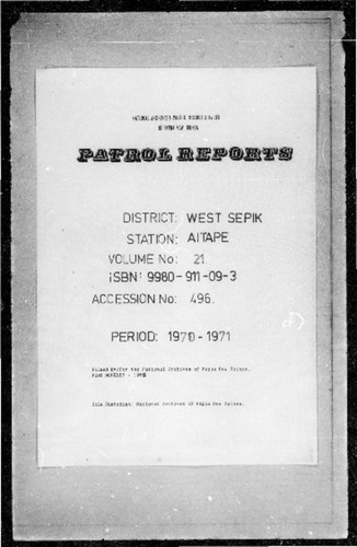 Patrol Reports. West Sepik District, Aitape, 1970 - 1971