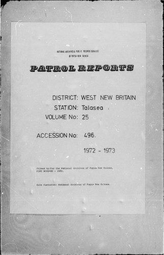 Patrol Reports. West New Britain District, Talasea, 1972 - 1973