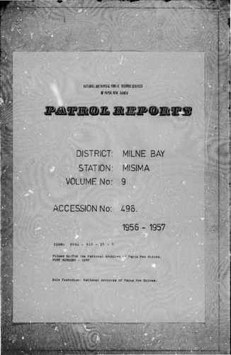 Patrol Reports. Milne Bay District, Misima, 1956 - 1957