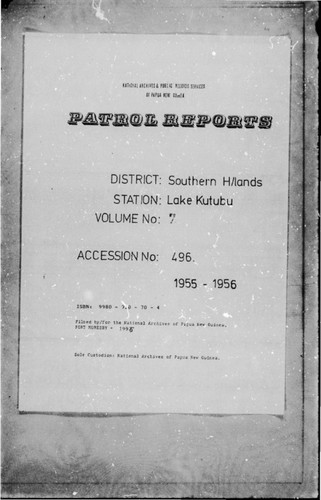 Patrol Reports. Southern Highlands District, Lake Kutubu, 1955 - 1956