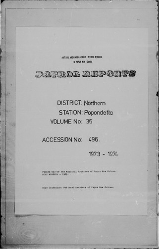 Patrol Reports. Northern District, Popondetta, 1973 - 1974