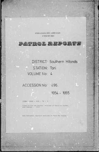 Patrol Reports. Southern Highlands District, Tari, 1954 - 1955