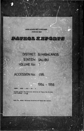 Patrol Reports. Southern Highlands District, Ialibu, 1954 - 1956