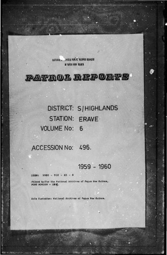 Patrol Reports. Southern Highlands District, Erave, 1959 - 1960