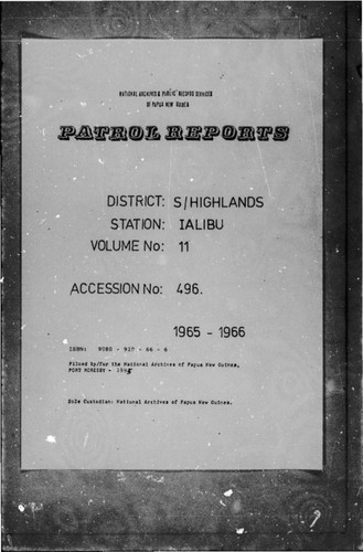 Patrol Reports. Southern Highlands District, Ialibu, 1965 - 1966