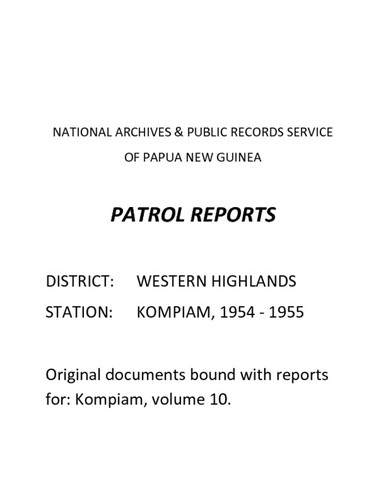 Patrol Reports. Western Highlands District, Kompiam, 1954 - 1955