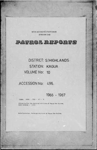 Patrol Reports. Southern Highlands District, Kagua, 1966 - 1967