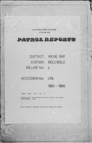 Patrol Reports. Milne Bay District, Bolubolu, 1965 - 1966