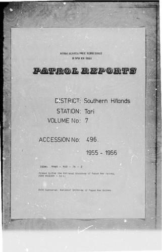 Patrol Reports. Southern Highlands District, Tari, 1955 - 1956