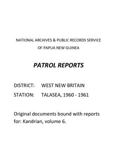 Patrol Reports. West New Britain District, Talasea, 1960 - 1961