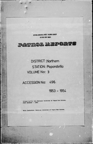 Patrol Reports. Northern District, Popondetta, 1953 - 1954