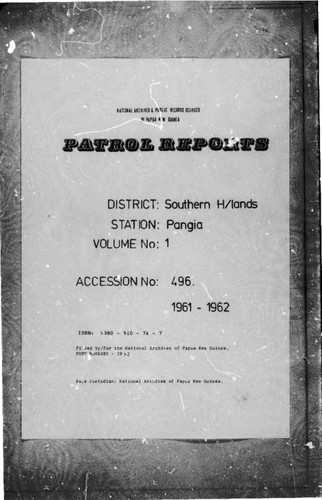 Patrol Reports. Southern Highlands District, Pangia, 1961 - 1962