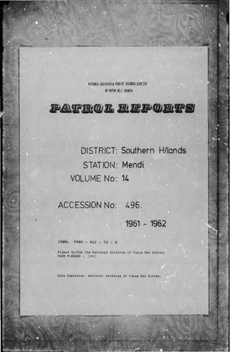 Patrol Reports. Southern Highlands District, Mendi, 1961 - 1962