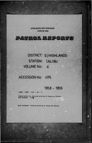 Patrol Reports. Southern Highlands District, Ialibu, 1958 - 1959