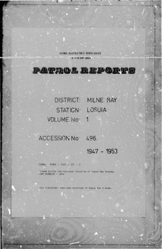 Patrol Reports. Milne Bay District, Losuia, 1947 - 1953