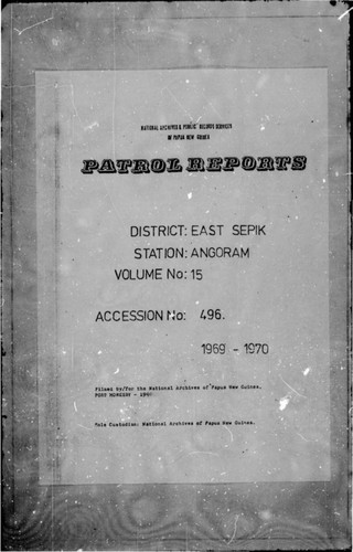 Patrol Reports. East Sepik District, Angoram, 1969 - 1970