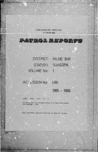 Patrol Reports. Milne Bay District, Guasopa, 1965 - 1966