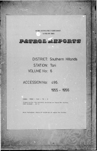 Patrol Reports. Southern Highlands District, Tari, 1955 - 1956