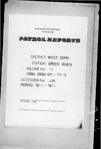 Patrol Reports. West Sepik District, Green River, 1972 - 1973