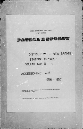 Patrol Reports. West New Britain District, Talasea, 1956 - 1957