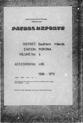 Patrol Reports. Southern Highlands District, Poroma, 1969 - 1970