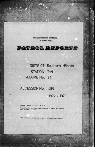 Patrol Reports. Southern Highlands District, Tari, 1972 - 1973