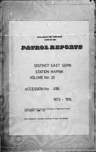 Patrol Reports. East Sepik District, Maprik, 1973 - 1974