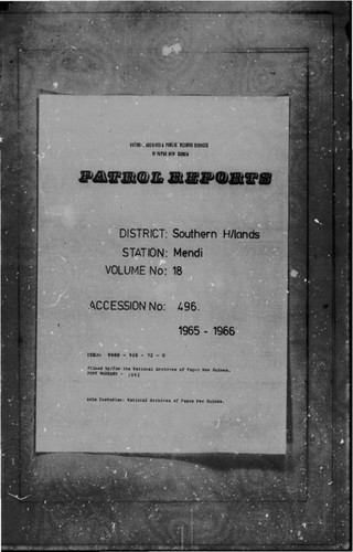 Patrol Reports. Southern Highlands District, Mendi, 1965 - 1966